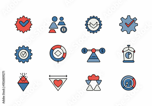 Business Process Management, Optimization, and Quality Assurance Flat Line Icon Set.