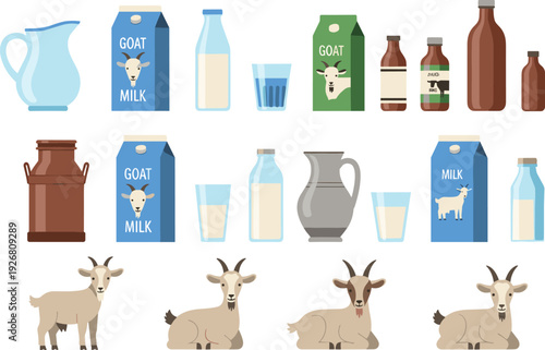 Goat Milk Dairy Vector Set Featuring Bottles, Cartons, Glasses, Jugs, and Farm Goats for Organic Food, Agriculture, and Nutrition Design Projects