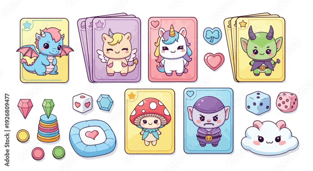 Fototapeta premium A colorful illustration of cartoon characters and gaming elements, including cards, dice, and gems, arranged on a white background.