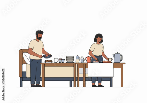 Happy couple preparing a morning meal, collaborating on breakfast duties in a cozy domestic setting.