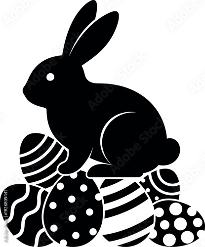 Easter bunny sitting on decorated easter eggs easter holiday icon