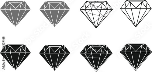 Diamond Icon Set Geometric Gemstone Symbols Black White and Gray Crystal Illustration Collection Isolated on White Background Vector Line Art Design