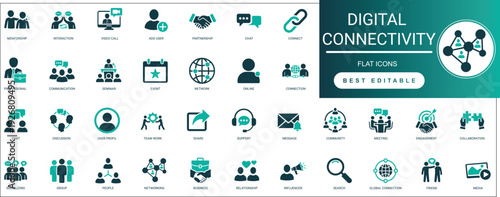 Digital Connectivity and Network Interaction Solid Icon Set Social Media, Communication, Engagement, Link, Platform, User Professional Vector Editable