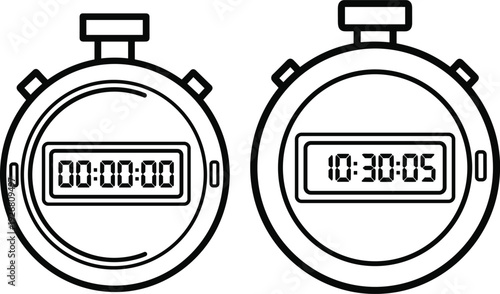 Digital stopwatch illustration set showing timer display and countdown clock, time measurement concept for sports training, productivity tracking isolated on white background vector design