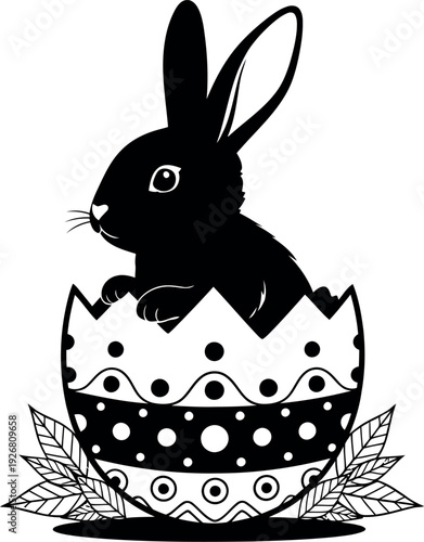 Easter bunny hatching from decorated egg on easter sunday morning