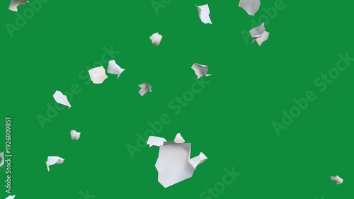 White paper animation flying on green background, floating paper scraps motion, shredded documents and office data clearing concept