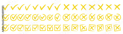 Hand Drawn Yellow Check Mark and Cross Symbols Vector Illustration Isolated on White Background for Business Checklist Survey Approval and Rejection Icons