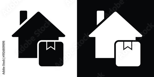House silhouette with a large cardboard box package. Clean black and white vector design representing home delivery, shipping services, and e-commerce logistics.