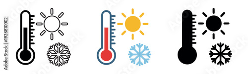 Temperature icons featuring a thermometer with sun and snowflake symbols. Set in outline, color, and black styles for heat and cold levels.