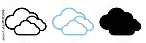Multiple cloud icons representing overcast or cloudy weather. Set includes outline, blue-rimmed, and black solid silhouette styles.