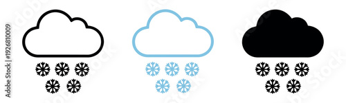 Snow cloud icons with snowflakes in outline, blue, and black styles. Winter weather symbols for snowstorms and freezing temperatures.