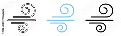 Wind or breeze icons with spiral swirls in outline, blue, and black styles. Minimalist symbols for air flow, gusty weather, and movement.