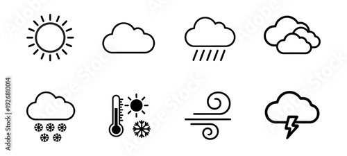 Comprehensive weather icon set in a minimalist black outline style. Symbols include sun, clouds, rain, snow, temperature, wind, and storm.