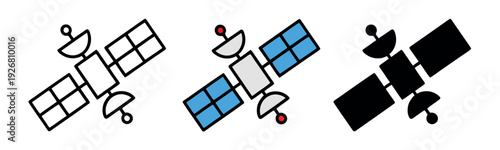 Communication satellite icons in outline, blue flat, and black solid styles. Technology and space exploration symbols for broadcasting and orbit.