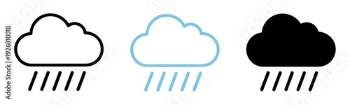 Rain cloud icon set showing falling raindrops in outline, blue, and black versions. Symbols for rainy weather, storms, and precipitation.