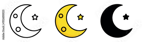 Crescent moon and star icon set in outline, yellow, and black solid styles. Minimalist night sky, sleep, and evening symbols for graphic design.