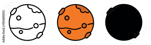 Red planet Mars icons in outline, orange flat, and black solid styles. Simple circular planet symbols with craters for space and science design.