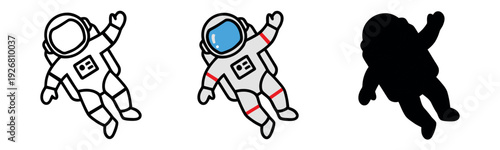 Astronaut in spacesuit icons in outline, colorful flat, and black silhouette styles. Spaceman character symbols for science and galaxy missions.