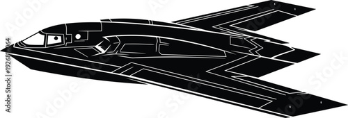 Futuristic stealth aircraft silhouette in black, modern military jet vector illustration with sharp geometric design isolated on white background for aviation and defense concepts