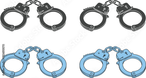 Handcuffs Icon Set Showing Police Restraint Devices in Black and Blue Styles for Law Enforcement, Crime Prevention, and Vector Illustration Design