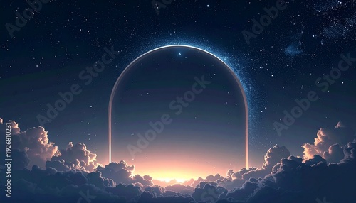 Cosmic Gateway Archway Amidst Starry Night Sky and Dreamlike Clouds