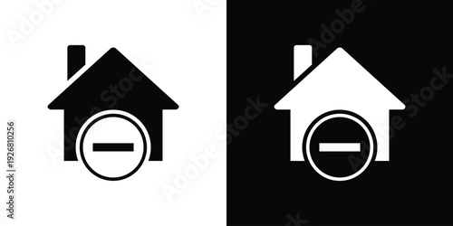 Minimalist house icon with a minus symbol in a circle. Black and white vector set representing adding a new home, property expansion, or real estate registration.