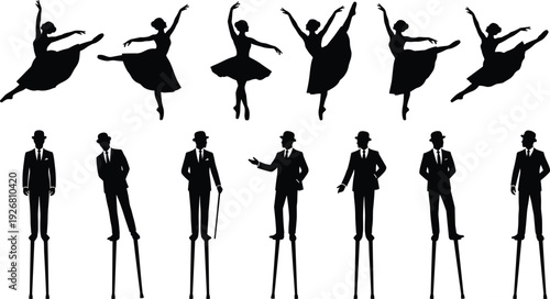Ballet dancers and stilt walker silhouette collection featuring elegant performance poses and theatrical characters isolated on white background for artistic design