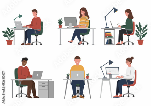 Vector illustration of diverse office workers and remote employees sitting at desks, using laptops and desktop computers.