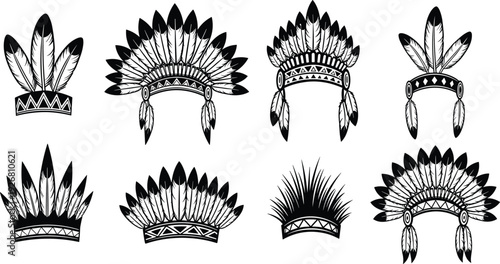 Hand Drawn Tribal Feather Headdress Set Black and White Native American War Bonnet Illustration Collection Isolated on White Background Vector Design Clipart