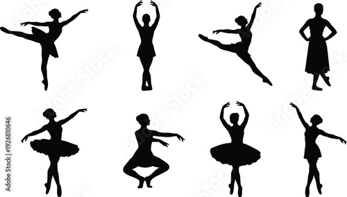 Ballet dancer silhouette set featuring elegant ballerinas performing classical dance poses, jumps and graceful movements isolated on white backgroundBallet dancer silhouette 
