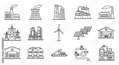 Industrial and energy production facilities in a line, various types of buildings.