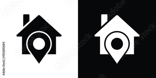 Classic house silhouette with a location map pin. High-quality black and white vector for property positioning, real estate finders, or residential address tracking.