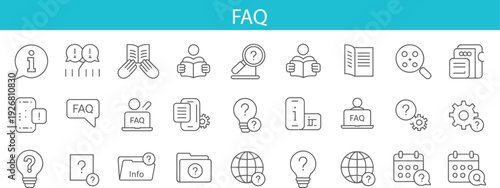 FAQ and information support line icon set with help center, question mark, customer service, knowledge base and assistance outline vector collection