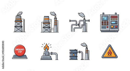 Industrial factory icons representing various aspects of manufacturing and production processes.