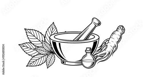 Illustration of herbal medicine with mortar, pestle, leaves, and ginseng root.