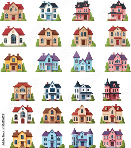 Large collection of colorful residential house vector illustrations featuring various architectural styles from modern cottages to classic suburban homes
