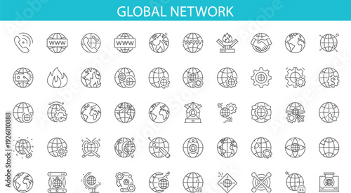 Global network and internet technology line icon set with world globe, cybersecurity, communication, data exchange and digital connection outline vector collection