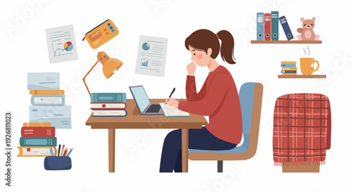 Woman focused on studying or remote work at a desk with books, laptop, and warm drinks in a cozy environment.