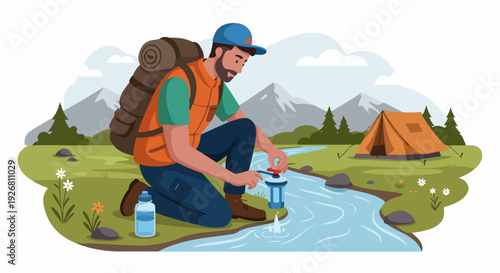 Hiker using a portable water filter to purify stream water near his tent while camping in the mountains.