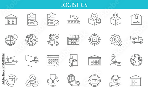 Logistics and delivery line icon set with warehouse, shipment tracking, cargo truck, global shipping, inventory management and supply chain outline vector collection