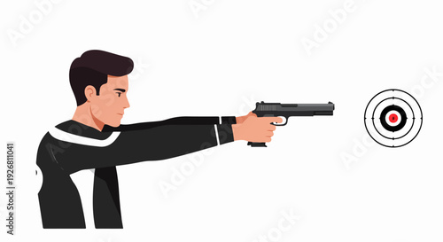 Professional shooter aims a pistol handgun at the bullseye target, practicing marksmanship in a shooting range.