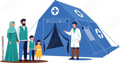 Humanitarian Medical Aid Tent Vector Illustration Featuring Doctor Assisting Refugee Family at Emergency Health Camp for Disaster Relief and Crisis Support Concepts