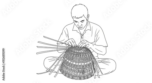 Artisan meticulously weaving a basket, demonstrating traditional craftsmanship and skill.