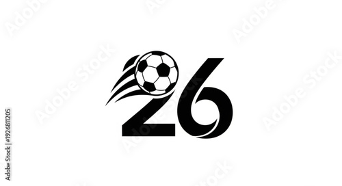 Soccer ball with wings and number twenty six, black and white design.