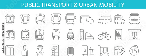 Public transport and urban mobility line icon set with bus, train, tram, metro station, taxi, bicycle and passenger outline vector collection