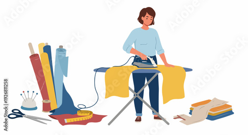 Female professional tailor or hobbyist ironing fabric on a board, surrounded by sewing and textile supplies.
