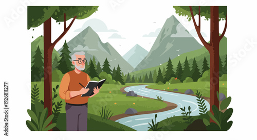 Senior man sketching in scenic mountain forest valley with river, enjoying peaceful nature and artistic hobby.