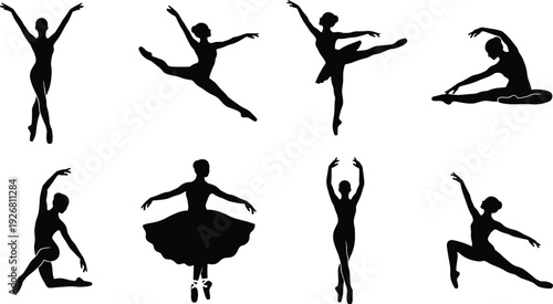 Ballet dancer silhouette collection featuring elegant ballerinas performing classical dance jumps, stretches and expressive poses isolated on white background
