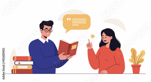 Flat vector illustration of two people reading and discussing a book, symbolizing learning, mentorship, conversation, and a sudden idea or discovery.