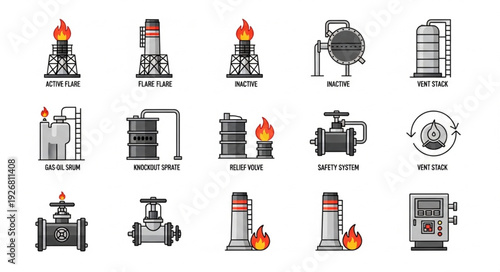 Industrial Equipment Icons - Oil and Gas Processing, Storage, and Transportation.